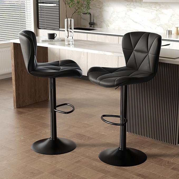 Nalupatio Modern Bar Stools Set of 3, Adjustable Faux Leather Upholstered Swivel Bar Stools, Counter Height Bar Chairs with Back for Kitchen Island, Black