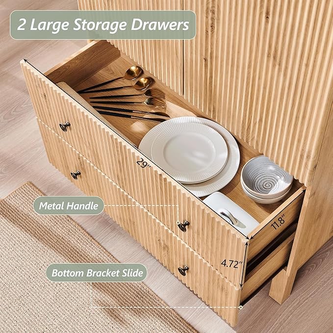 IFGET Fluted Arched Pantry Cabinet, 71" Tall Kitchen Storage Pantry Cabinet with Adjustable Shelves and 2 Large Drawers, Freestanding Morden Versatile Cupboard for Living Room, Bathroom, Natrual