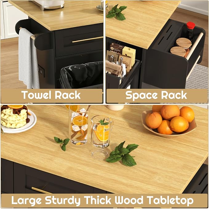 St.Mandyu 69" Large Kitchen Island on Wheels, Kitchen Rolling Island Cart with Trash Storage Cabinet, Power Outlet, 3-Tier Pull-Out Storage Trays, Drop Leaf, Mobile Island Table for Kitchen, Black
