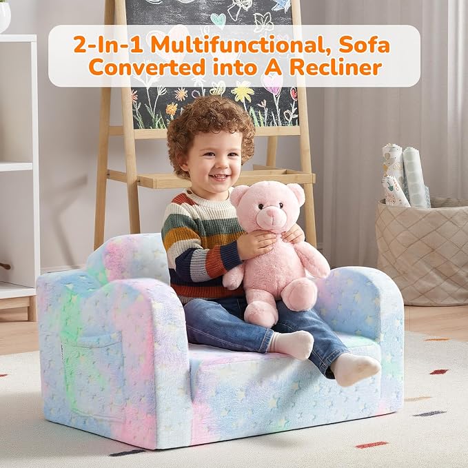 MeMoreCool Kids Couch, Glow Dark Rainbow Star Fold Out Sofa, Pastel Tie Dye