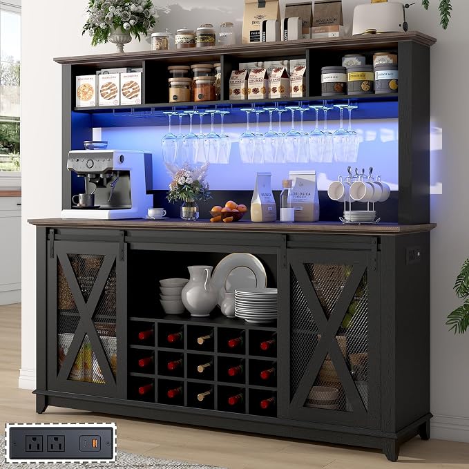 63"Wide 58"H Farmhouse Coffee Bar Cabinet with Power Outlet and LED Light,Wine Bar Cabinet w/ 4 Storage Hutch,Kitchen Buffet Cabinet with 15 Wine and Glass Racks for Kitchen Dining Room(Black)