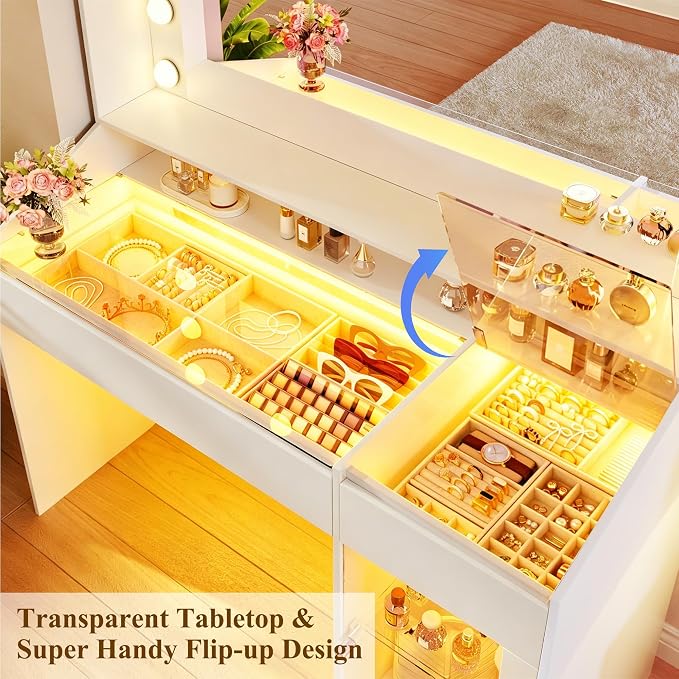 HUAHUU Vanity Desk with Mirror & RGB Lights, White Makeup Vanity Table with 2 Transparent Top Large Drawers & RGB Cabinet, Vanity Desk with LED Lighted Mirror 3 Colors, Power Outlets, Flip-up Drawer