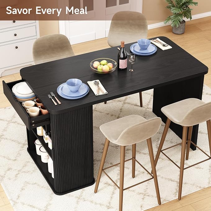 ONBRILL 61 Inch Fluted Kitchen Island with Storage Black