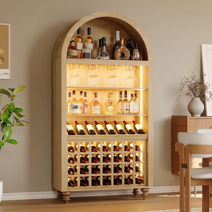Arched Wine Bar Cabinet with LED Lights, 71" Tall Liquor Cabinets with 4 Glasses Holders & Wine Rack, Alcohol Display Storage Cabinet for Living Room, Kitchen Pantry, Dining Room (Natural Oak)