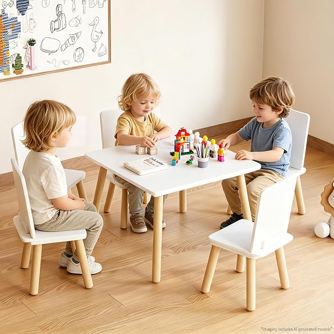 Kids Table and Chairs Set, 5 Pieces Toddler Table and Chair Set, Kids' Table & 4 Chair Sets, Kid Play Table for Daycare, Classroom, Home (White)