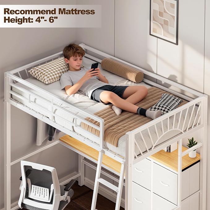 Decofy White Twin Loft Bed with Desk and 6 Storage Drawers, Metal Twin Size Loft Beds with Charging Station, RGB LED Lights, and Pegboard & Hanging Rod for Kids, Teenager (White)