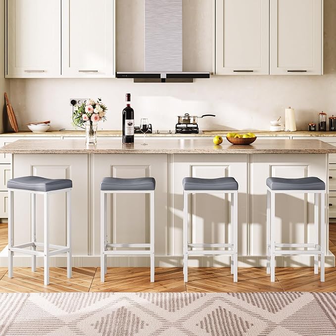HOOBRO Bar Stools, Set of 2 Counter Height Saddle Chairs, 24.8 Inches, 2.4" Thick Upholstery, White and Gray WG10BY01