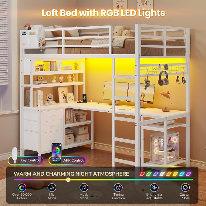 DICTAC Twin Loft Bed with L-Shaped Desk,Bookshelf and Glass Cabinet,Gaming Loft Bed Twin Size with Led Lights,Hutch and Charging Station,Metal Loft Beds for Teen with Safety Guardrail and Stair,White