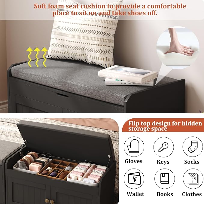 HOMEFORT 30" Shoe Bench with Lift Top Storage, Entryway Bench with Cushioned Seat, Wooden End of Bed Bench, Shoe Cabinet Bench with Hidden Storage Space, for Bedroom, Hallway,Black