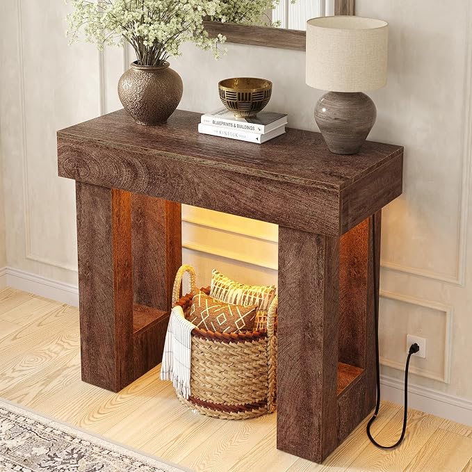 Unikito 39" Entry Table with Sensor Light and Power Outlets, Rustic Oak