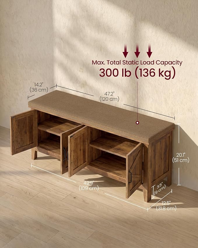VASAGLE Shoe Bench, Farmhouse Entryway Bench with Cushion，47.2 inches Wide