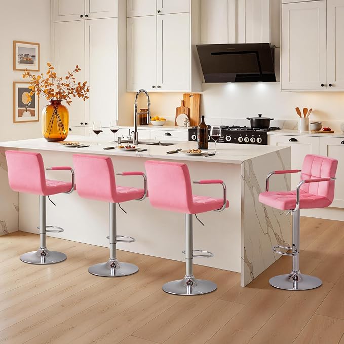Yaheetech Bar Stools Set of 4, Swivel with Backs, Adjustable Height, Pink