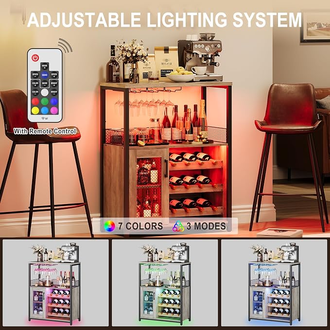 IDEALHOUSE Wine Bar Rack Cabinet with LED Lights, Small Coffee Bar Cabinet