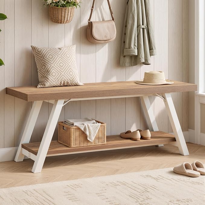 LVB Entryway Bench with Storage, Wood Bench for Entryway, 47 in