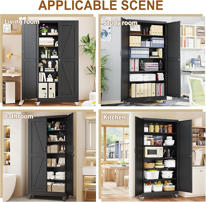 74" Metal Garage Storage Locker Cabinet with Wheels,Rolling White Farmhouse Kitchen Pantry Cabinet with 2 Doors and 5 Adjustable Shelves, Steel File Tool Cabinet for Home Office Warehouse
