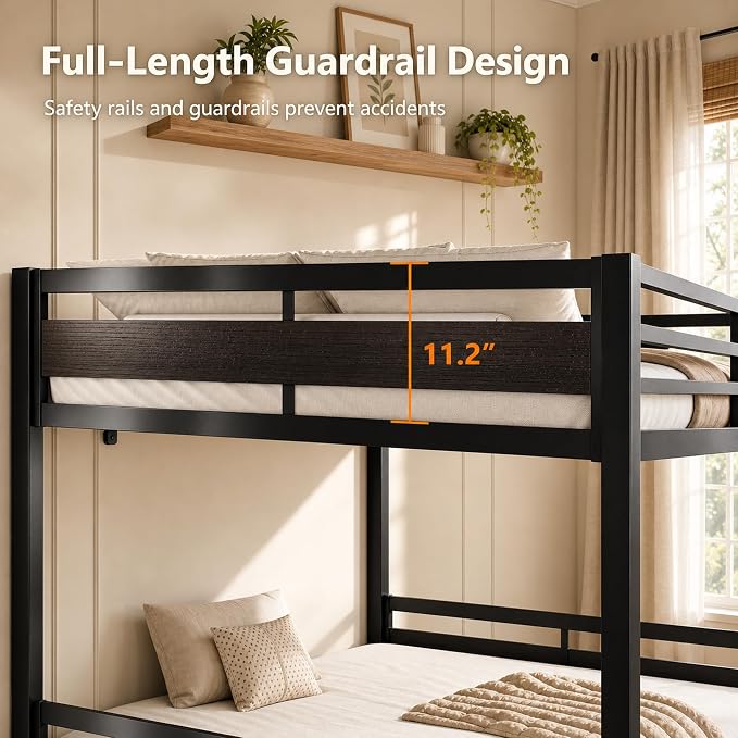 Feonase Metal Bunk Bed Full Over Full with Ladder and High Guardrail, Heavy-Duty Metal Slats Support, Noise Free, No Box Spring Needed, for Kids and Juniors, Vintage