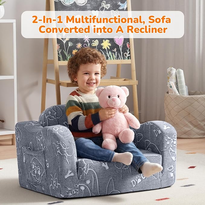MeMoreCool Kids Couch, Glow Dark Dog Fold Out Sofa Chair, Foam, Washable