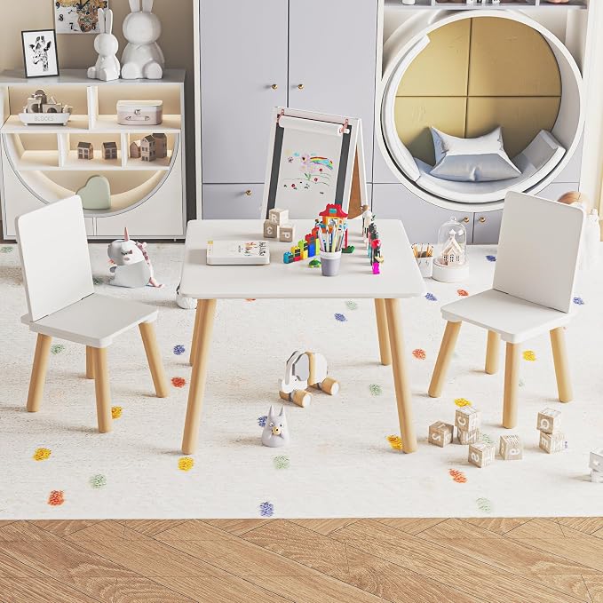 Kids Table and 2 Chairs Set, 3 Pieces Toddler Table and Chair Set, Kids' Table & Chair Sets, Kid Play Table for Daycare, Classroom, Home (White)