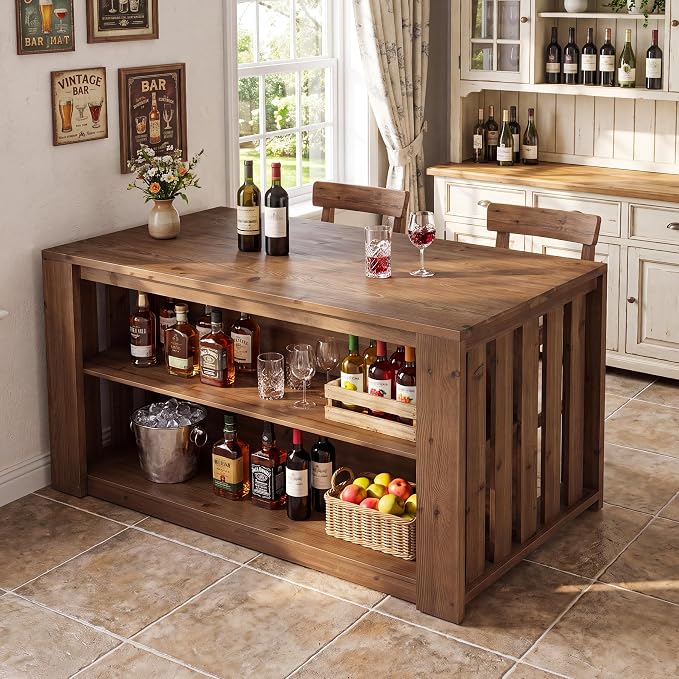 55" Solid Wood Kitchen Island with Storage and Seating, 3-Tier