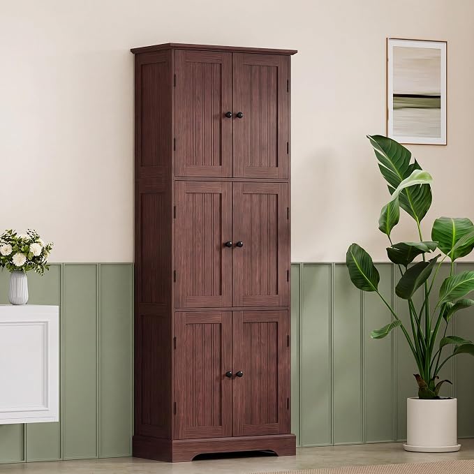 ChooChoo 63.2" Tall Bathroom Storage Cabinet with 6 Doors | Freestanding Floor Cabinet, Adjustable Shelves, Pantry Cabinet for Bathroom, Kitchen, Laundry Room, Rustic Walnut