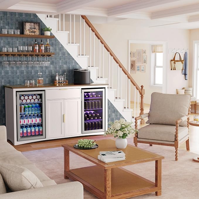 GDLF 70.1" Coffee Bar Cabinet with Fridge Space, Fluted Sideboard,White