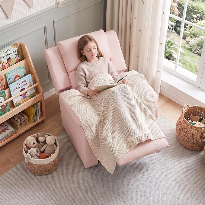 CANMOV Kids Push Back Recliner Chair, Pink Faux Leather Toddler Sofa.