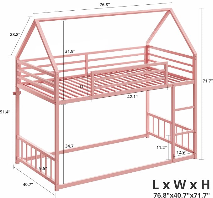 LIKIMIO Bunk Bed Twin Over Twin, House Bunk Bed Frame with Ladder, Pink