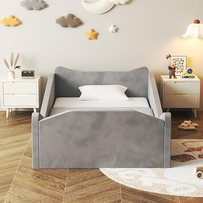 JOYMOR Toddler Bed, Floor Bed with Safety Guadrail, Montessori Toddler Bed with Animal Ear Shapes, Soft Velvet Wood Bed for Infant, Kids, Mattress not Included (Gray)
