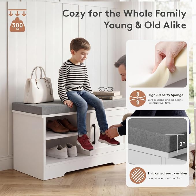 Farmhouse Shoe Storage Bench with 3-in-1 Entryway Storage & Padded Seat