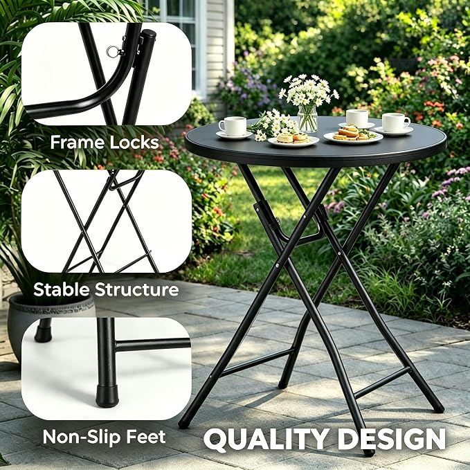Folding Height Cocktail Table with Metal Legs 32'' Round Top for Small Spaces Bar Wedding Party Indoor Outdoor Use, Black