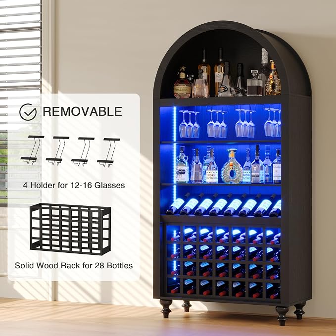 Arched Wine Bar Cabinet with LED Lights, 71" Tall Liquor Cabinets with 4 Glasses Holders & Wine Rack, Alcohol Display Storage Cabinet for Living Room, Kitchen Pantry, Dining Room (Black)