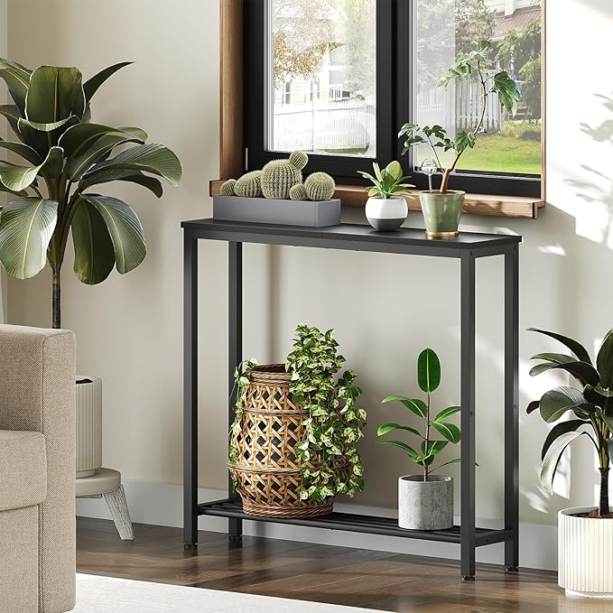 YATINEY Narrow Console Table, 2-Tier Small Sofa Table, 29.5" Thin Entryway Behind Couch Table with Shelves, Industrial Hallway Table, for Living Room, Foyer, Black CT03BB