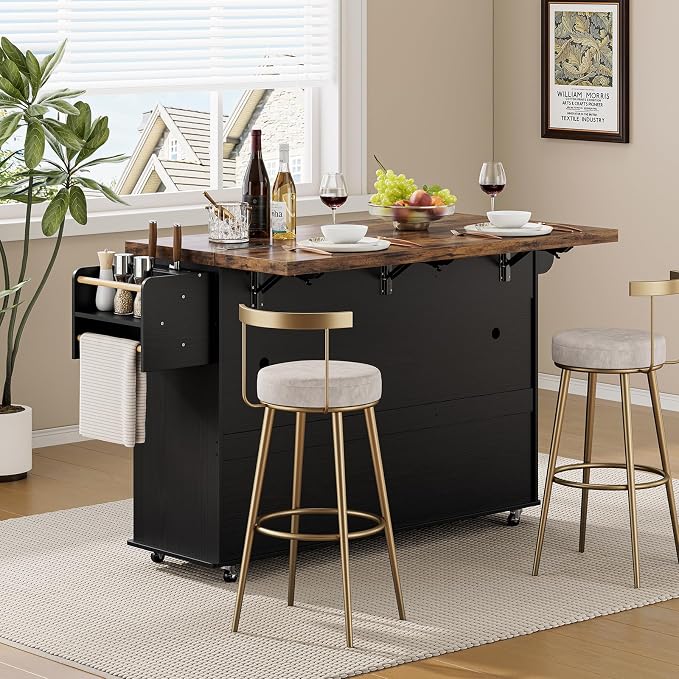 ONBRILL 60" Kitchen Island with Trash Can Storage, Black+Rustic Brown
