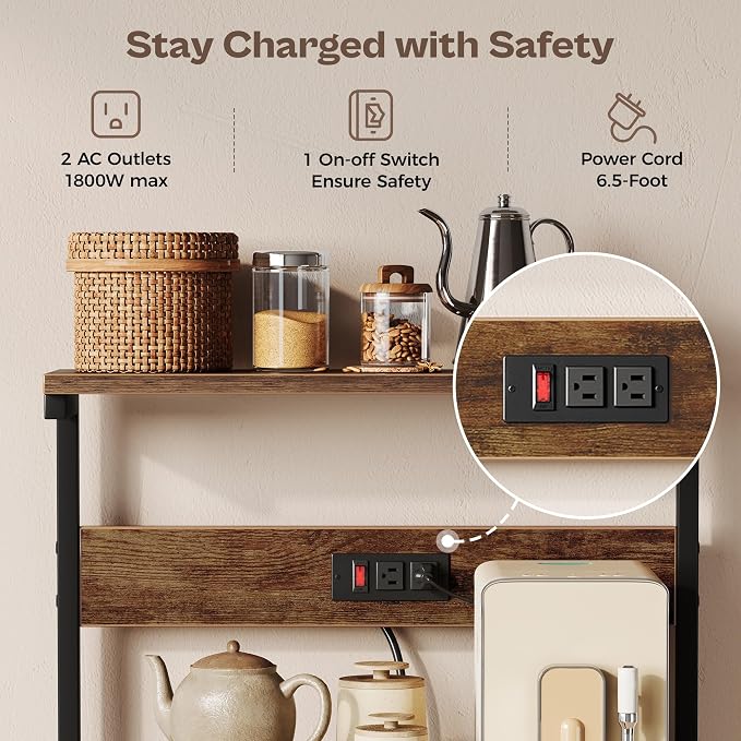 SUPERJARE Kitchen Bakers Rack with Power Outlet, Coffee Bar Table 4 Tiers, Kitchen Microwave Stand with 6 S-shaped Hooks, Storage Shelf Rack for Spices, Pots and Pans - Rustic Brown