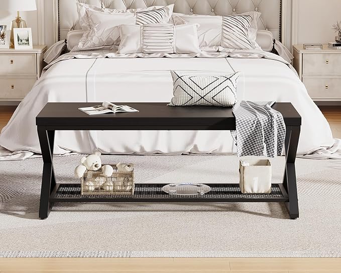 LVB Black Oak Bench, Industrial Entryway Bench with Storage, 47 Inch