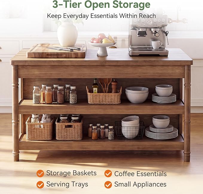 63" Solid Wood Kitchen Island Table with Storage & Seating