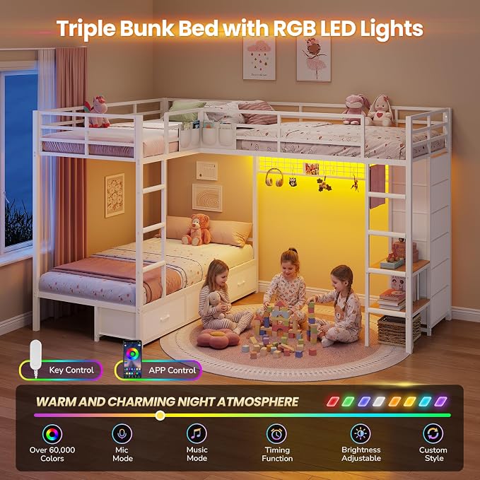 Triple Bunk Bed Twin Over Twin with 9 Storage Drawers and LED Lights, White