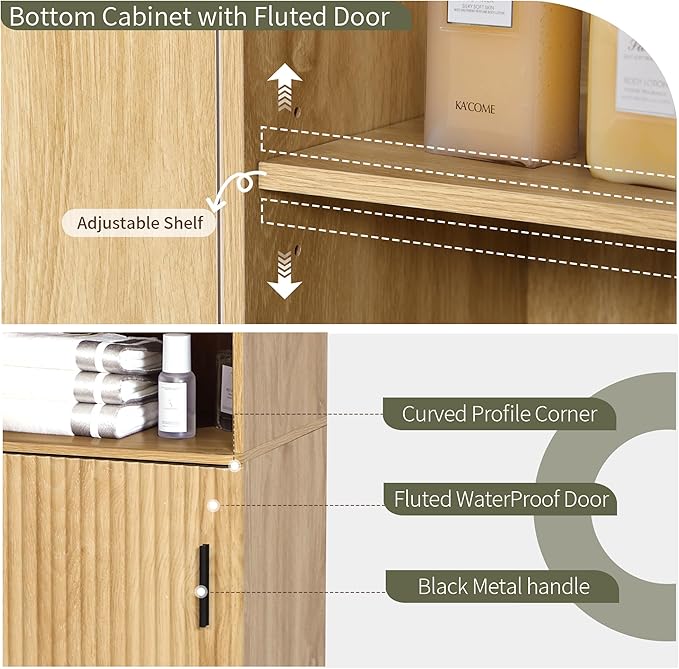 Bifins Natural 68" Tall Bathroom Storage Cabinet,15.7" Width | Narrow,Fluted Door,Adjustable Shelf,5 Tier,Next to Toilet,Next to TV Stand,Laundry Storage,Space Saving,Tower Storage