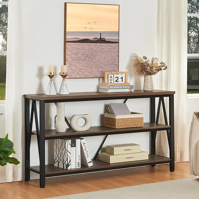 Entryway Console Table, 3 Tier Entry Table with Open Shelves, Brown, 55 IN