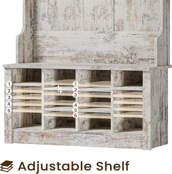 Itaar Hall Tree, Storage Bench, Shoe Rack for Entryway, Hall Tree with Bench and Adjustable Shoe Storage, Vintage White