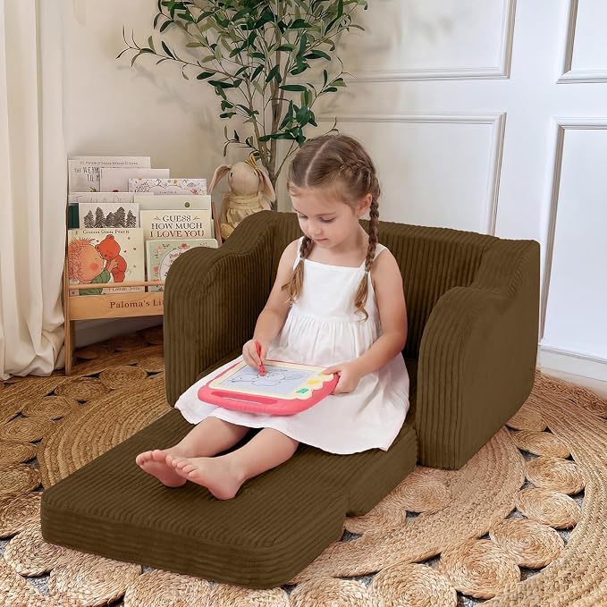 MeMoreCool Kids Sofa, 2-in-1 Corduroy Fold Out Recliner Chair, Brown