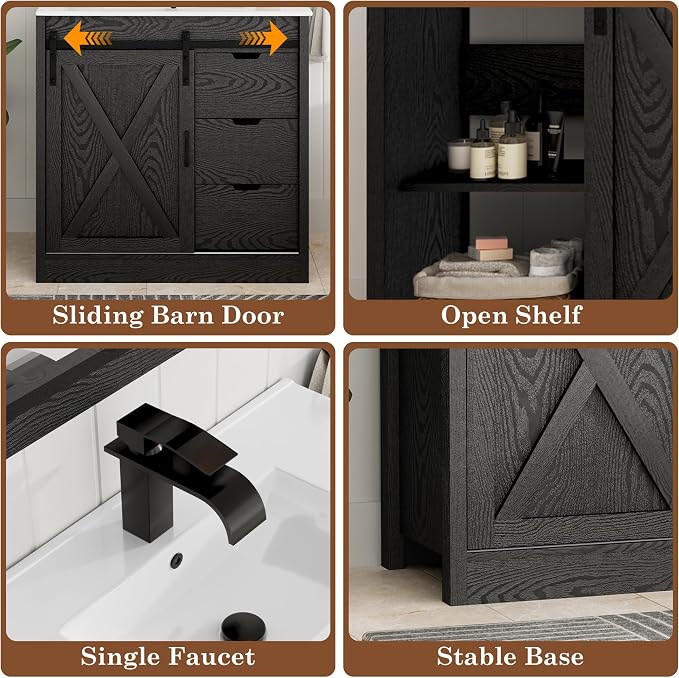 chartustriable 36 Inch Bathroom Vanity with Sink & Faucet & Mirror, Farmhouse Bathroom Vanity Cabinet Set with Sliding Barn Door & Drawers, Small Single Bath Storage Vanity Sink, Black