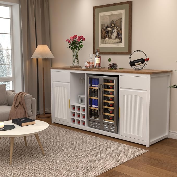 GDLF 78.7" Home Bar Cabinet with Fridge Space, Fluted Wine Liquor Bar,White