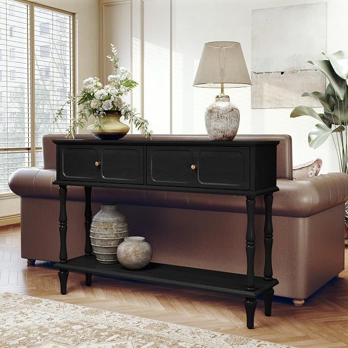 ARTPOWER 47" Mid-Century Console Table, 2 Drawers and Open Shelf, Black