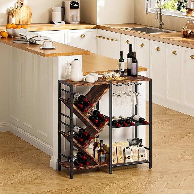 HOOBRO Liquor Bar Cabinet, Modern Liquor Cabinet with Wine Rack & Glass Holder, Liquor Bar Cabinet with Power Outlet, Mini Bar Table for Home Bar, Rustic Brown and Black BF36JJ01