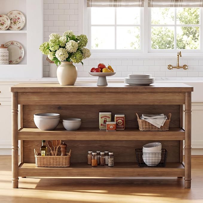 63" Solid Wood Kitchen Island Table with Storage & Seating