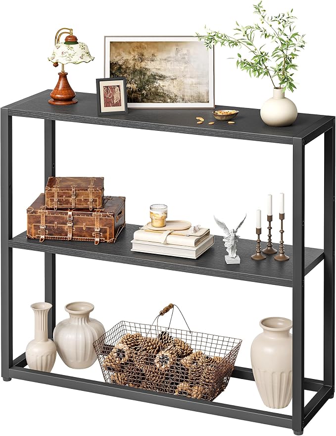 TIQLAB Small Entryway Table, 29.5" Narrow Console Table with Shelves, Black