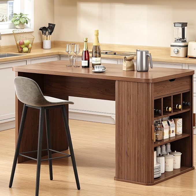 ONBRILL 61 Inch Fluted Kitchen Island with Storage Walnut
