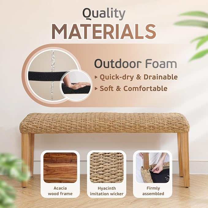 Outdoor Rattan Backless Bench with PE Wicker & Acacia Wood Frame, Natural