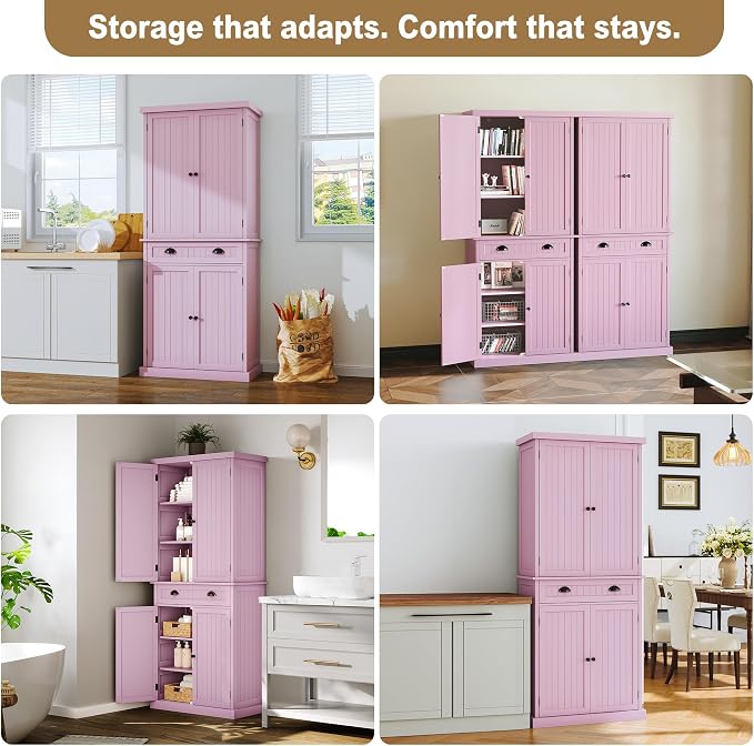 ARTPOWER 72" Tall Kitchen Pantry Storage Cabinet with Drawer and Adjustable Shelves, Pantry Cabinet for Kitchen, Bathroom or Hallway, Pink